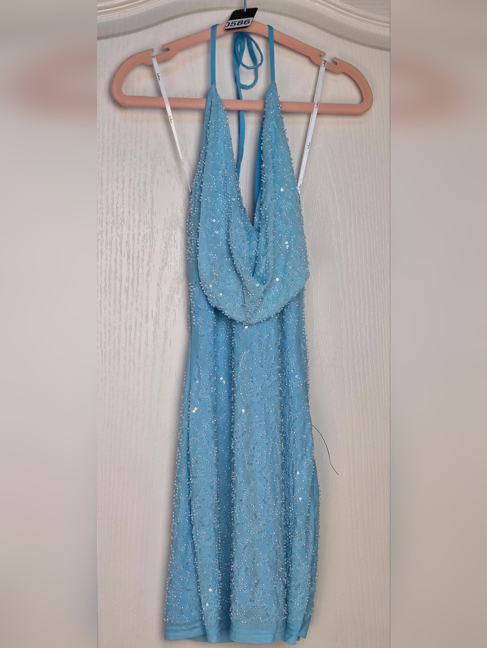 Lulus Callira Light Blue Sparkly Sequin Beaded Cowl Halter Bodycon Mini Dress XS - Picture 4 of 12